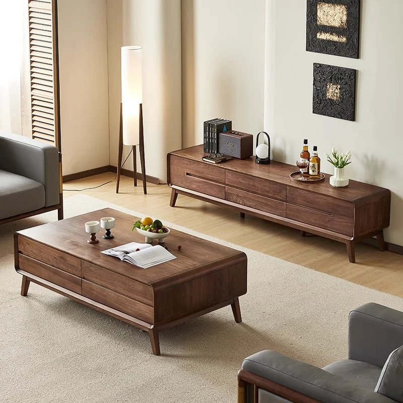 北美黑胡桃木电视柜北欧简约实木电视机柜茶几家用客厅储物地柜