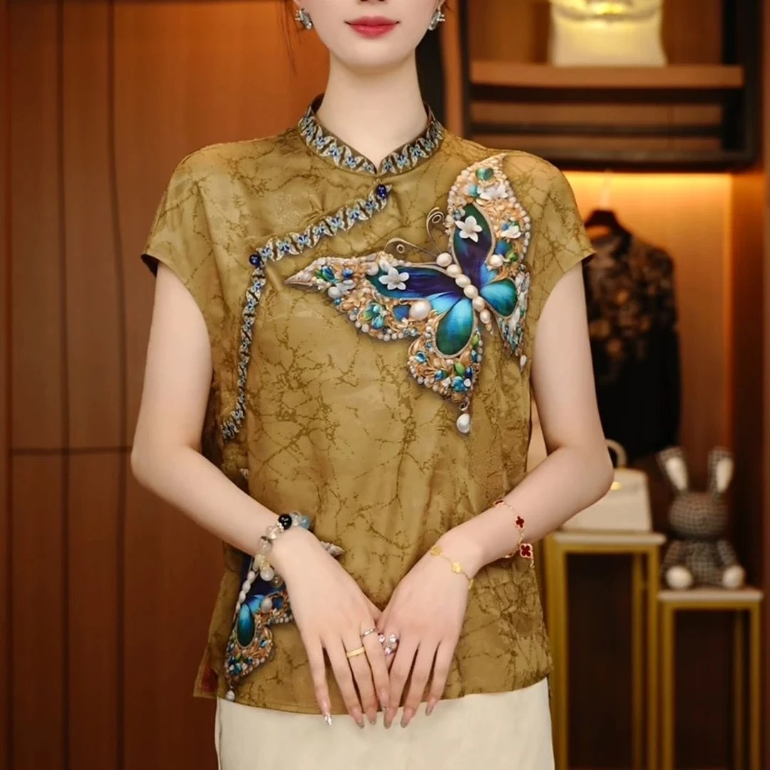 夏季新款时尚新中式国风上衣百搭气质印花款遮肉显瘦短袖旗袍衬衫