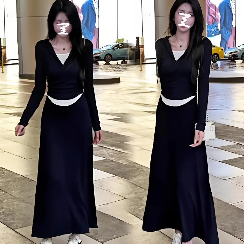 时尚套装女秋季新款连帽假两件上衣休闲风中长款半身裙子两件套