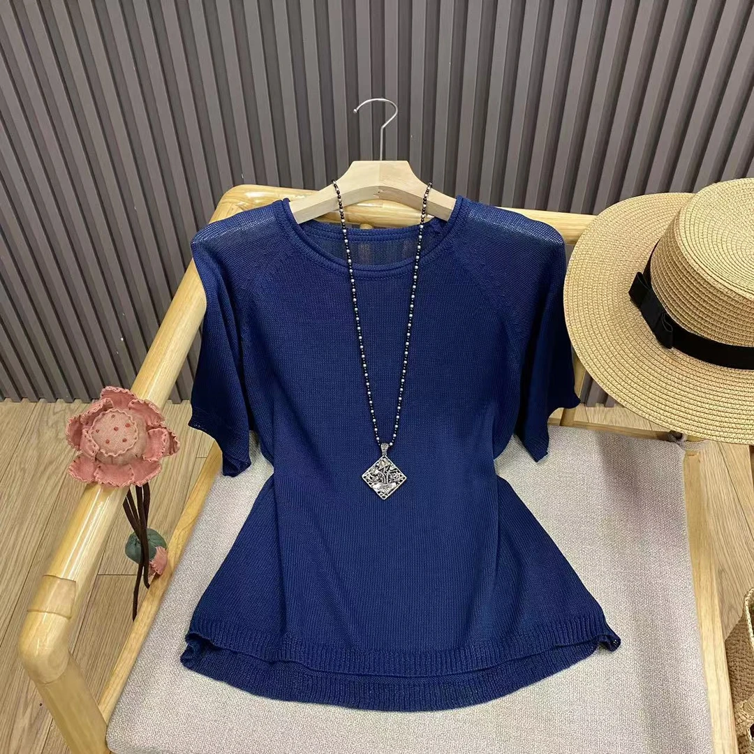 圆领短袖套头针织衫宽松百搭纯色简约落肩薄款上衣女Z22818