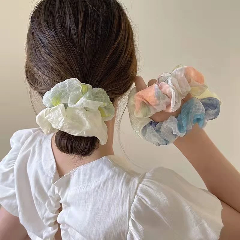 夏季拼色网纱大肠发圈女百搭简约肥肠圈森系气质发绳扎头皮筋头绳