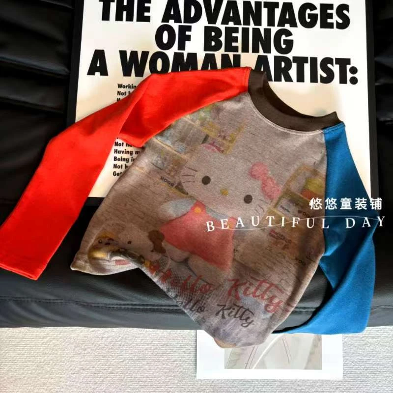 女童春秋新款长袖T恤洋气卡通KT印花女宝宝拼色圆领上衣