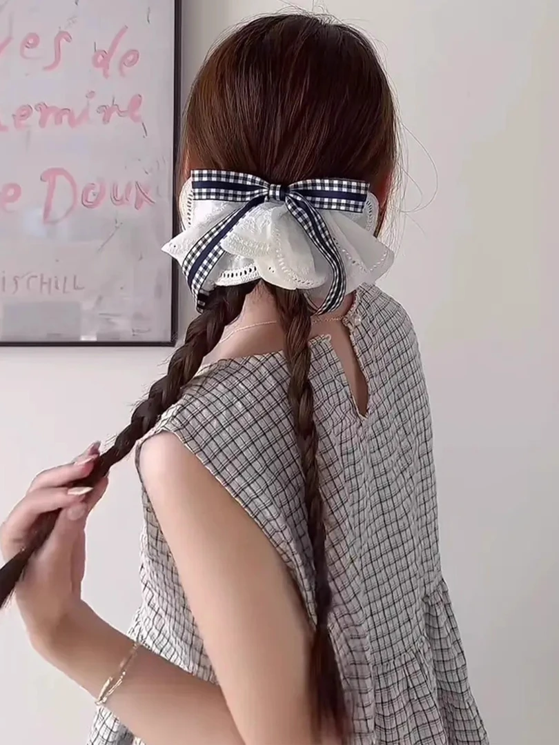 韩系文艺格子蝴蝶结弹簧夹高端头饰2025新款高级感后脑勺发夹女