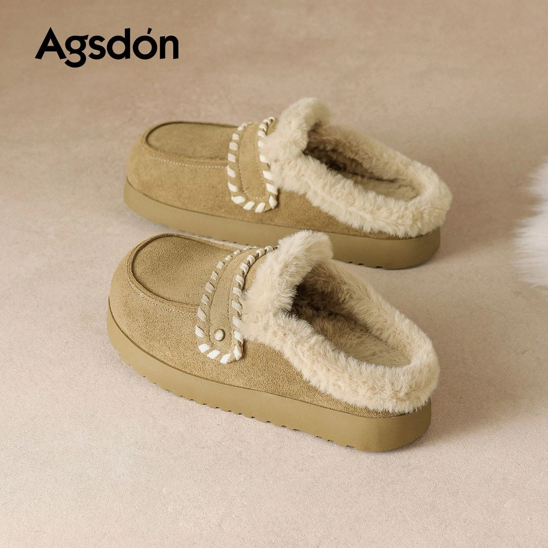 N154494加绒勃肯鞋女2025新款冬季厚底懒人一脚蹬绒面保暖棉拖鞋