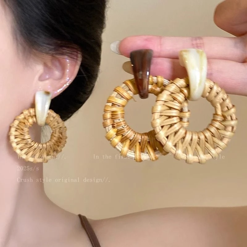 非金属木质耳饰 复古草编耳环夏季新款耳钉海边度假风独特耳饰