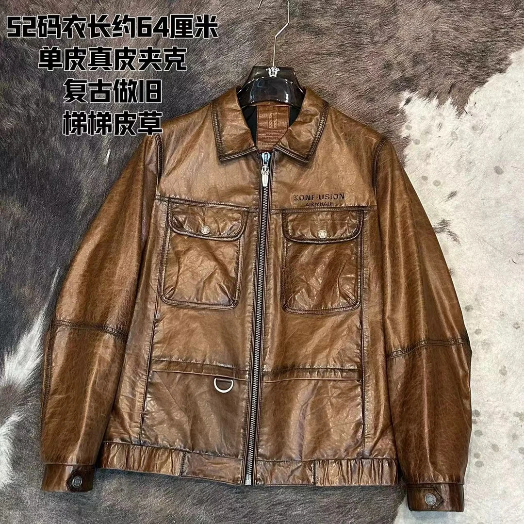 【梯梯男装】男士潮牌复古休闲单款翻领皮衣夹克2210现货