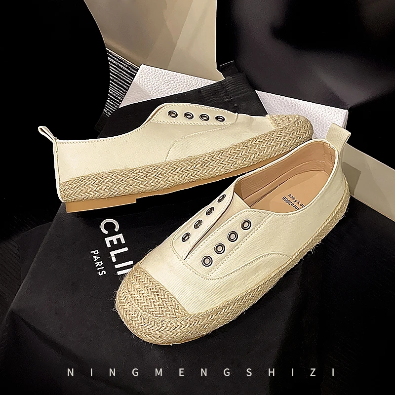 西班牙小众帆布小白鞋女两穿一脚蹬2025年新款平底休闲舒适大码鞋