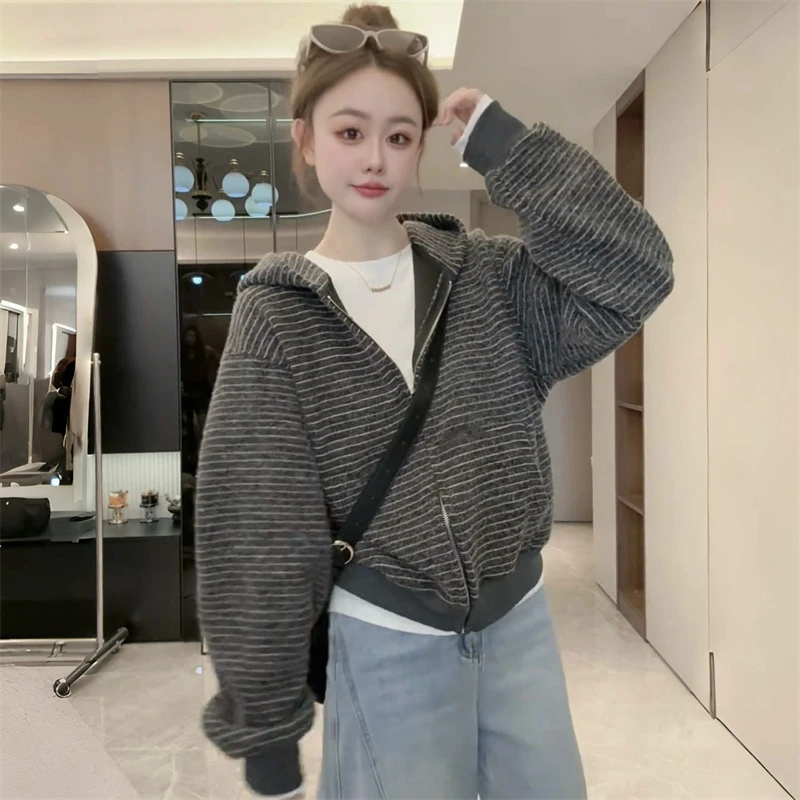 韩系慵懒风连帽拉链条纹卫衣外套女2025早秋新款洋气百搭宽松上衣