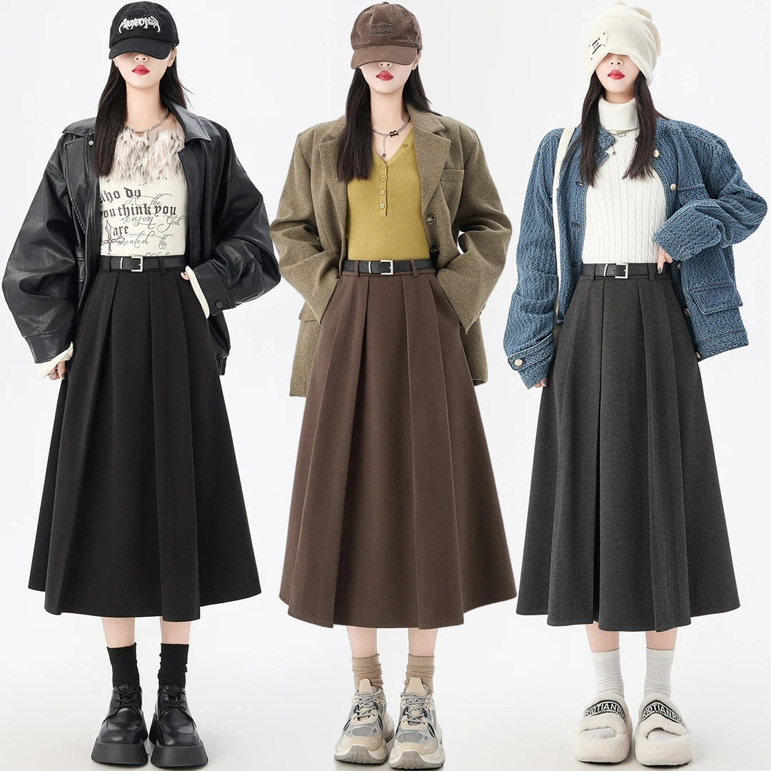 咖色毛呢半身裙女秋冬季2025新款显瘦垂感伞裙a字中长款百褶裙子