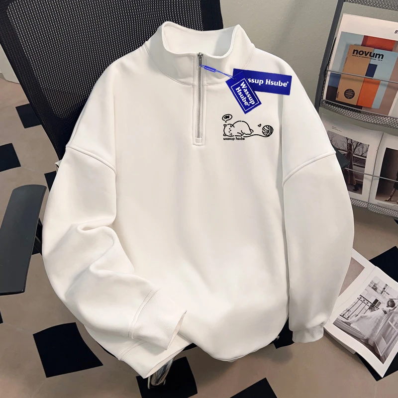 WASSUP HSUBE国潮牌重磅半拉链立领卫衣男士冬季棒球上衣外套冬装