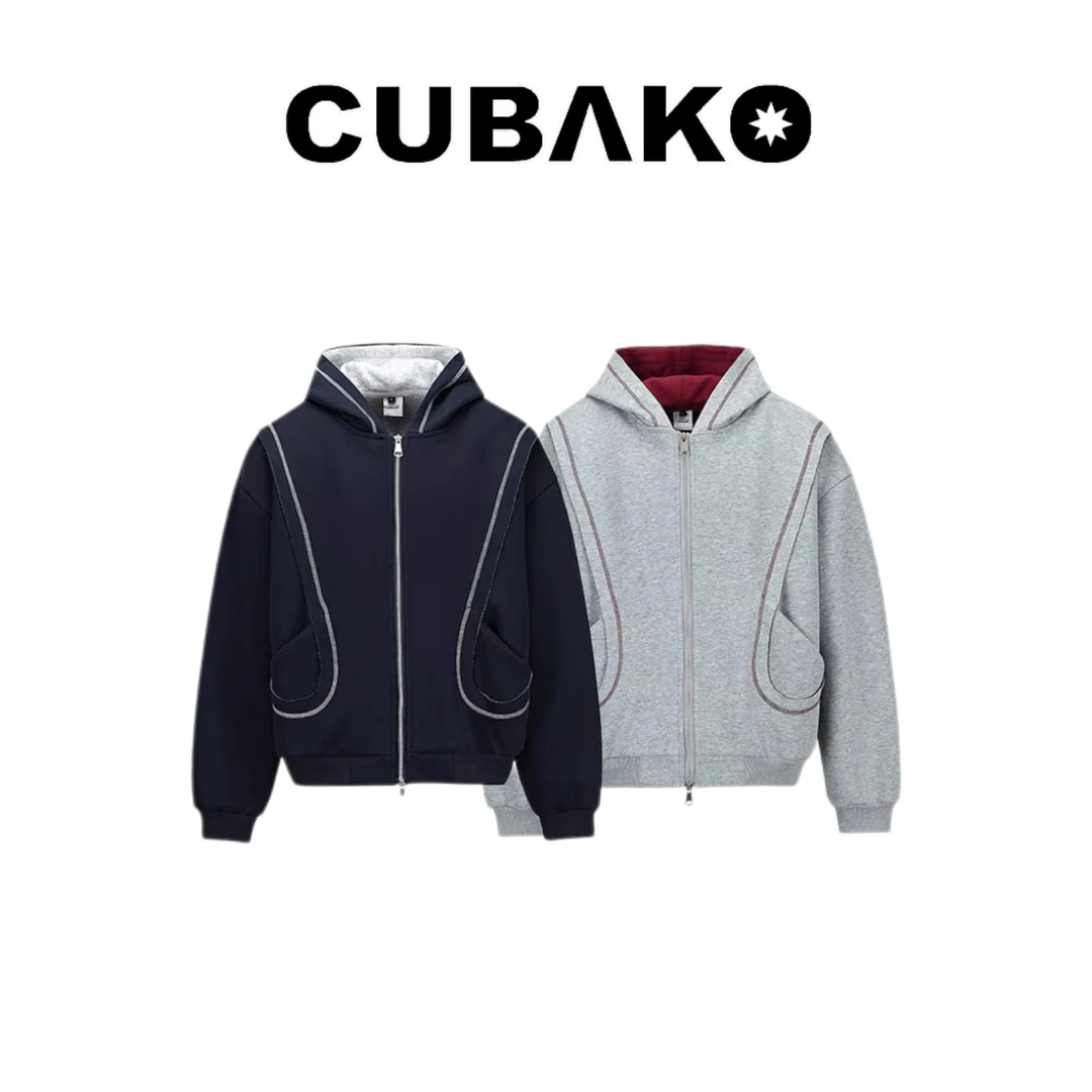 美式复古解构明线撞色连帽拉链卫衣cleanfit男女廓形开衫外套潮