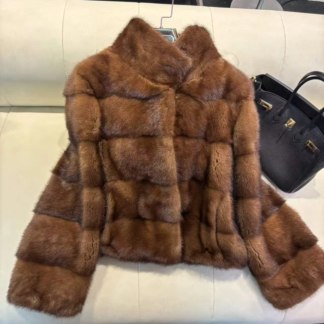 【YISHAN-】高定琥珀金棕横排纹立领皮草外套