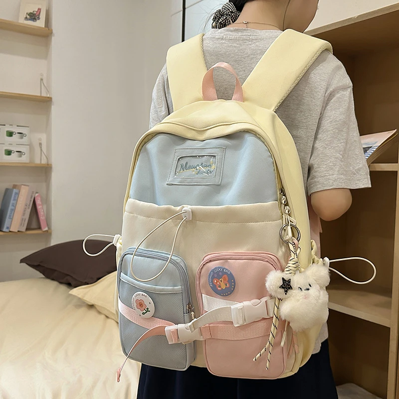 小清新拼色文艺学生书包女日韩系初高中生大容量徽章双肩包百搭女