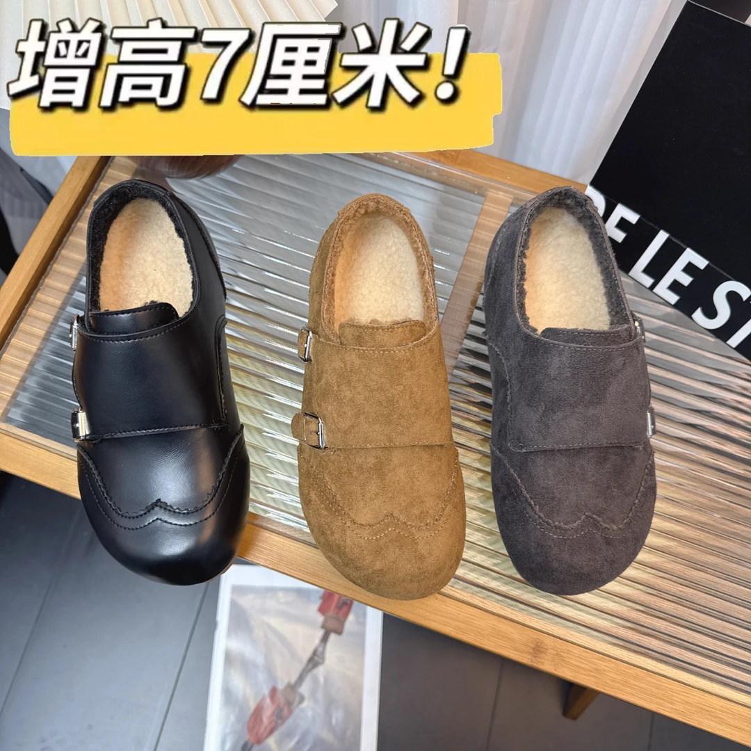 33码7cm内增高加绒复古乐福鞋女鞋子秋冬新款英伦风圆头勃肯鞋冬