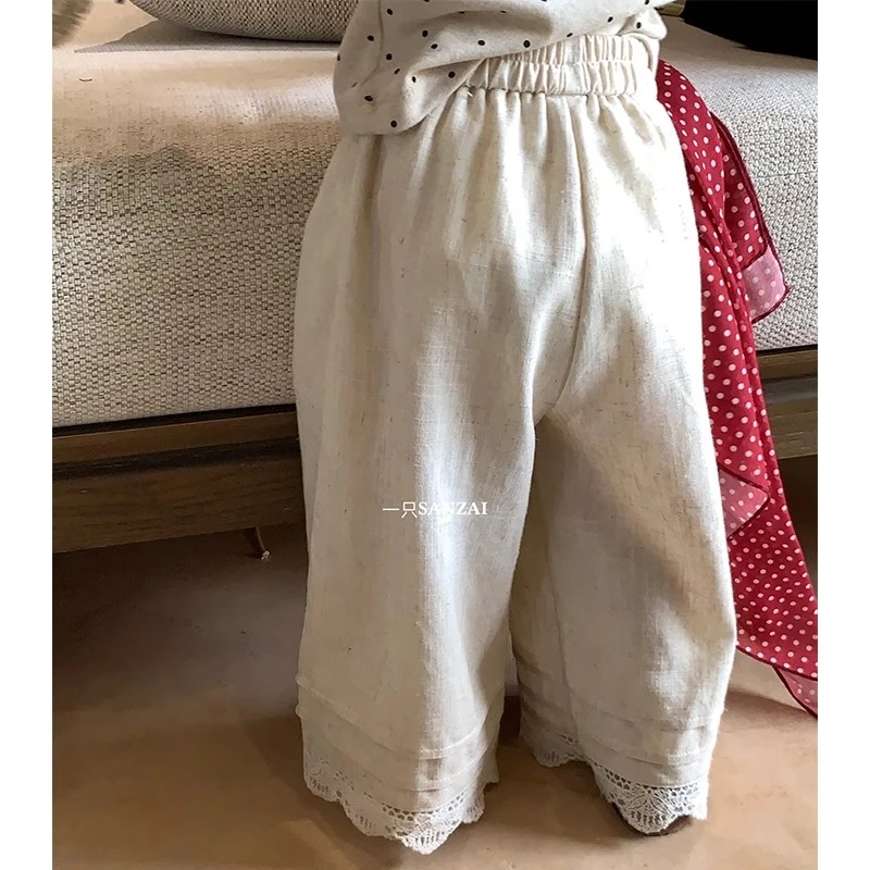 韩国童装2025春装新款女童裤子儿童洋气甜美拼接下摆蕾丝裤休闲裤