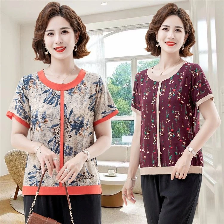 中老年棉绸上衣女夏季薄款宽松大码妈妈人造棉短袖T恤睡衣家居服