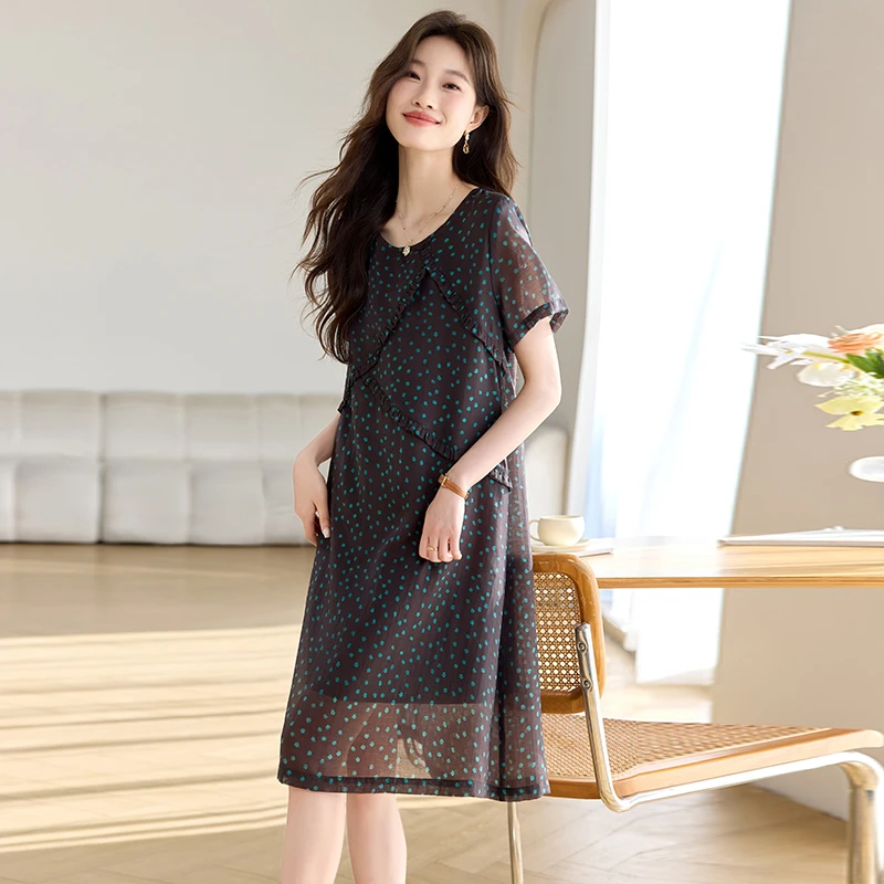 圆点短袖连衣裙女夏季2025新款时尚休闲中年妈妈装高级感长裙子女