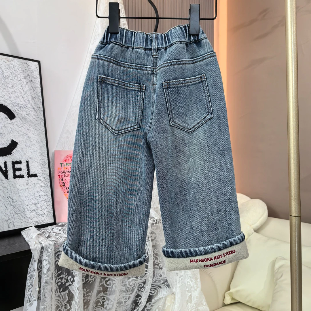 女童加绒裤子2025秋冬季新款时尚百搭加厚牛仔裤女宝洋气阔腿裤