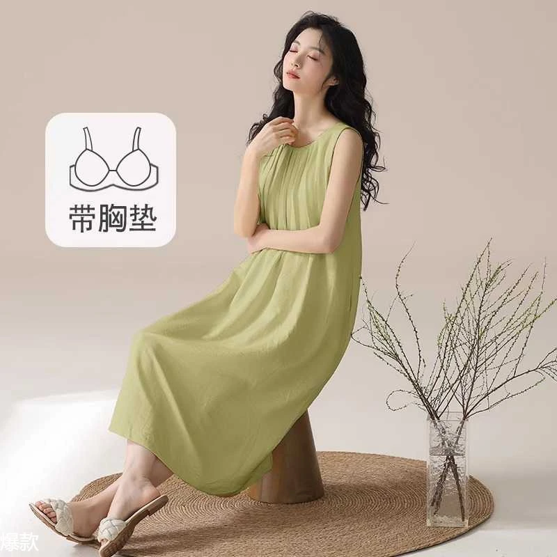 晚眠带胸垫吊带睡裙女款夏季春夏天棉长款2025年新款睡衣无袖大码