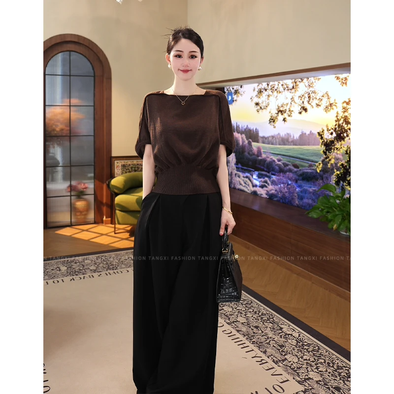 2025夏新【7267】洋气黑色百搭短袖女装宽松上衣设计师圆领针织小衫