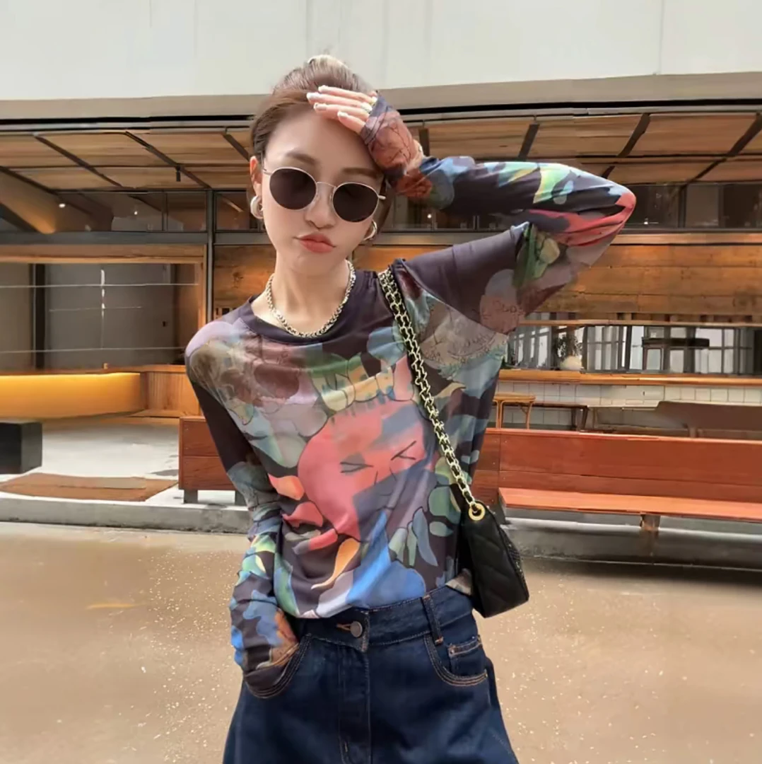 法式晕染印花网纱长袖T恤女夏季薄款 宽松设计感小衫防晒罩衫上衣