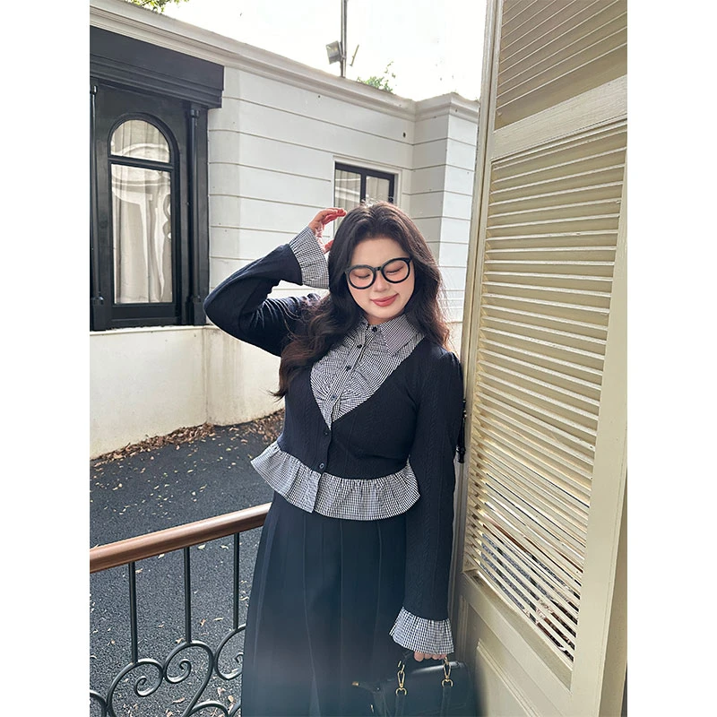 菠菜微胖定制【幽潭月影】韩版假两件设计感上衣+半裙BBC103