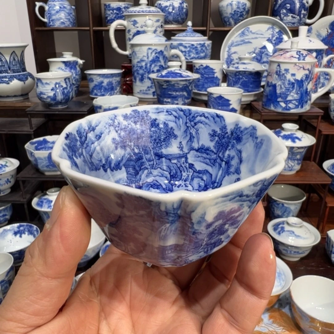 青花山水内外满绘六方杯