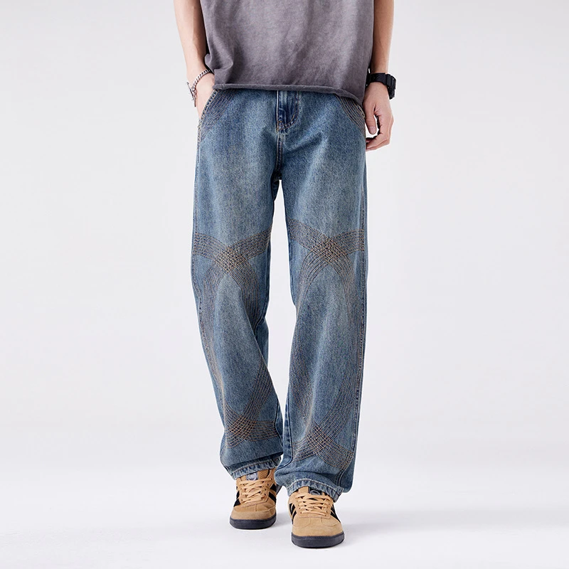 美式刺绣宽松牛仔裤男款街头潮牌直筒裤高端设计感2026秋冬长裤子