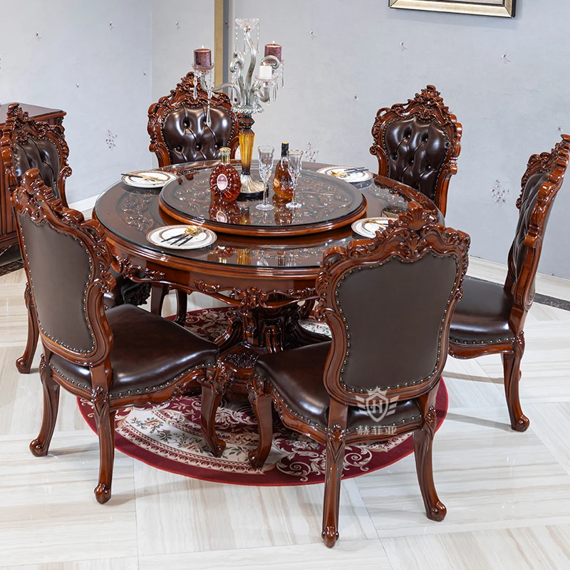 2025欧式圆形餐桌椅组合镂空雕花钢化玻璃美式奢华别墅1.5米家具
