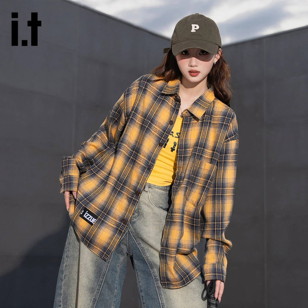 i.t izzue潮牌格子衬衫女韩版慵懒美式复古宽松时尚潮流外套A1M