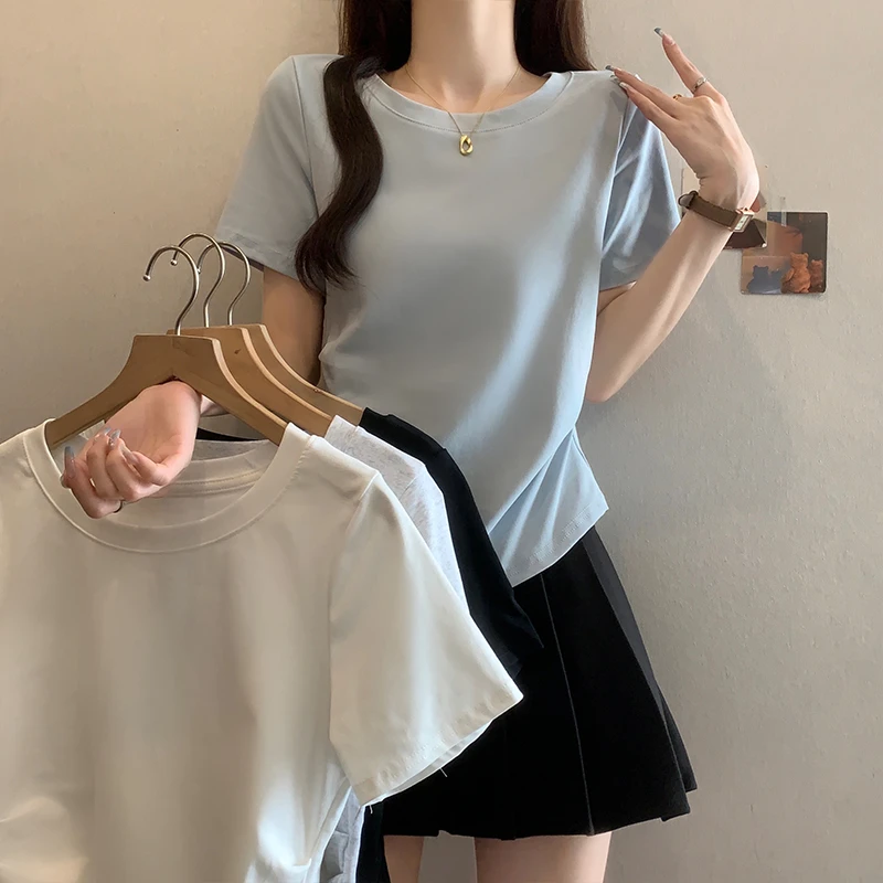 大码纯欲短袖T恤夏季2025新款设计感小众褶皱收腰显瘦不规则上衣