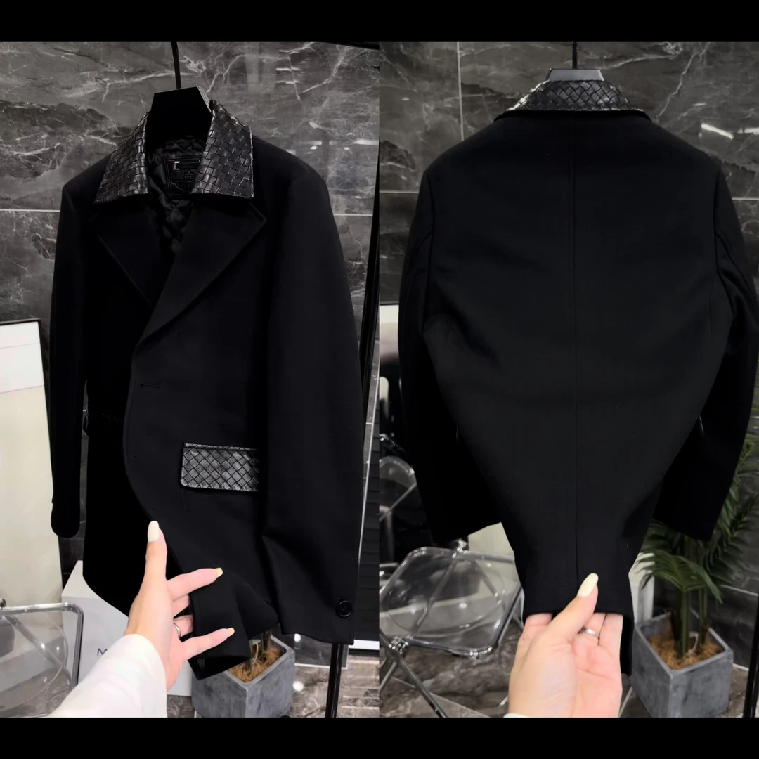 秋冬轻奢男士高品质手工编织皮中长款加棉大衣553