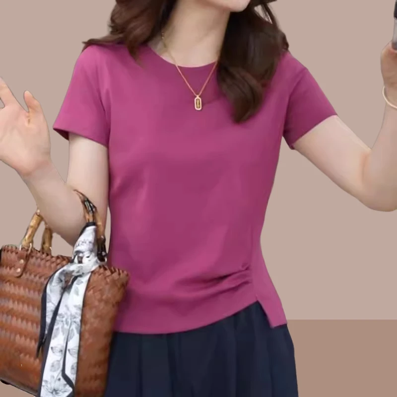 气质轻熟优雅正肩短袖T恤女2026夏季新款不规则侧压褶显瘦上衣女