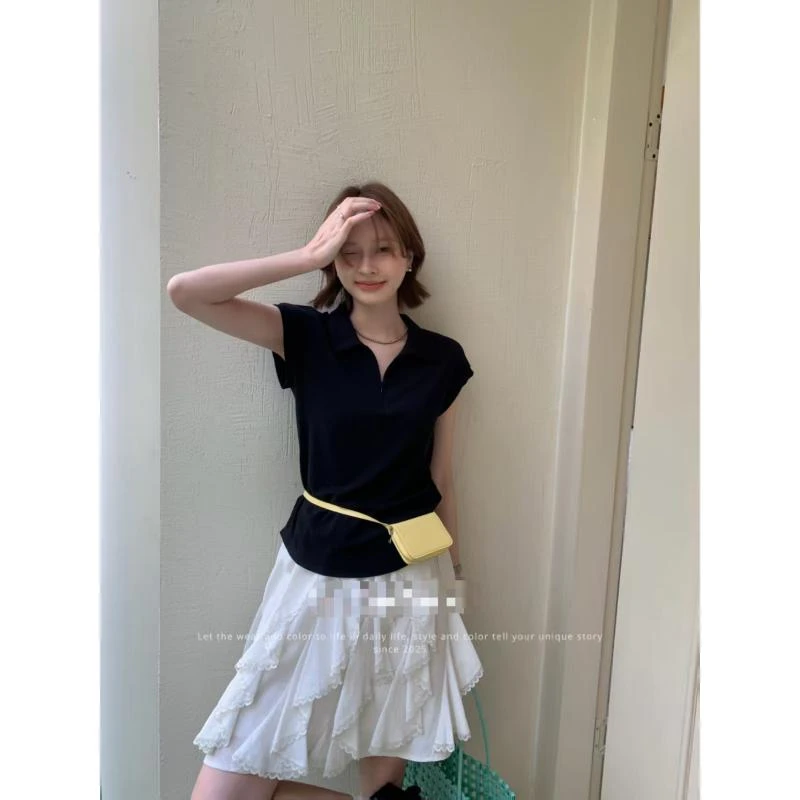 俪米25862 拉链翻领飞飞短袖弹力修身T恤