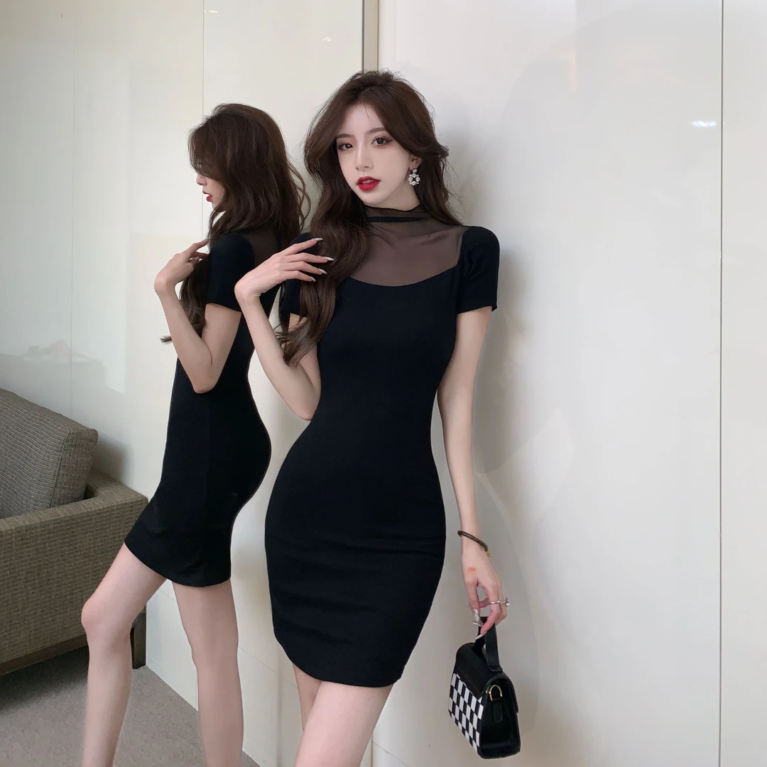 黑色性感网纱连衣裙女夏季法式复古气质小黑裙修身显瘦包臀短裙子