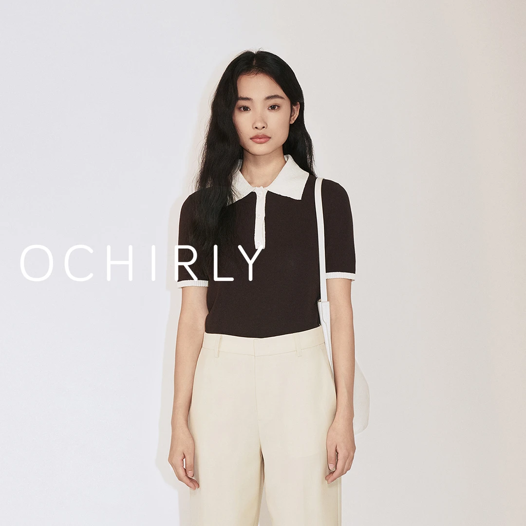 OCHIRLY欧时力澳进口羊毛短袖毛衣女Polo领设计感秋季新品