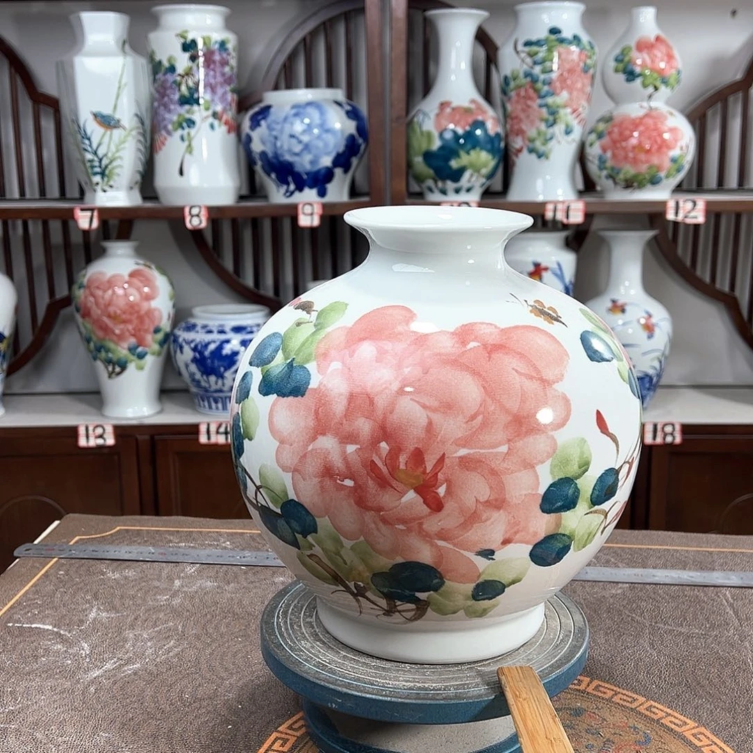 摆件景德镇陶瓷石红牡花