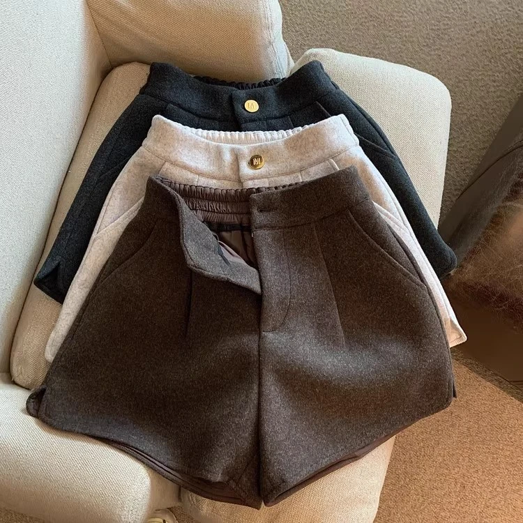 毛呢短裤女2025秋冬大码高级感休闲裤高腰松紧腰口袋呢子a字裤子