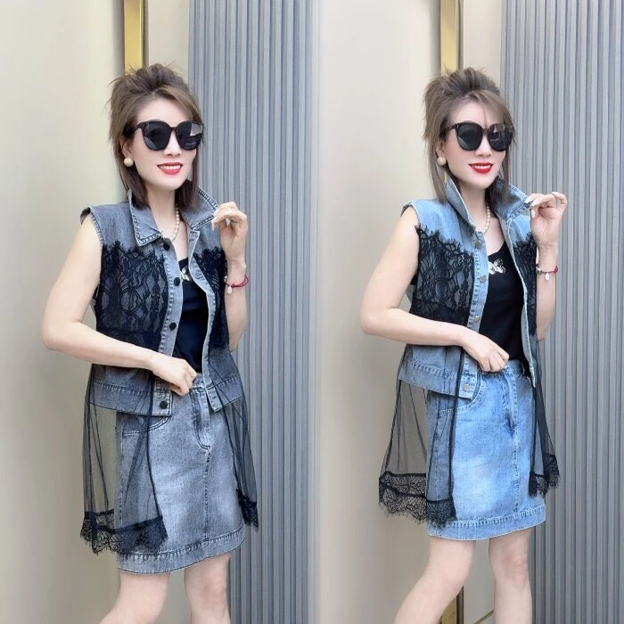 2160#蕾丝牛仔两件套装