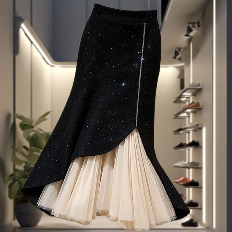 赫本风复古独特时尚拼接网纱裙子2025春秋新款名媛风包臀半身裙女