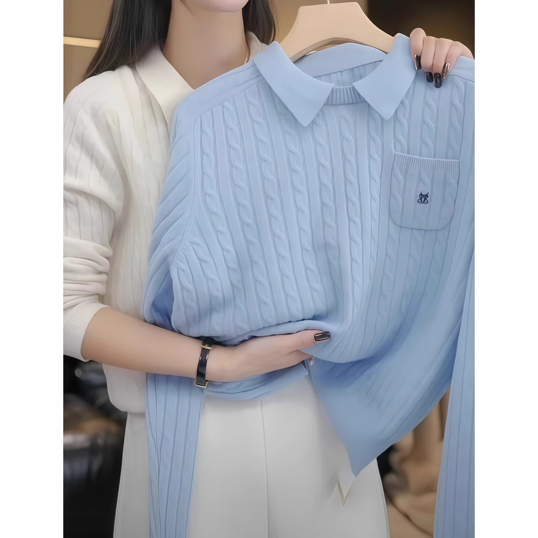 韩版假两件刺绣长袖毛衣女2025春季新款麻花坑条针织衫时尚洋气潮