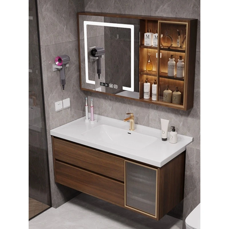 新中式胡桃木色陶瓷一体盆浴室柜组合卫生间洗手盆洗脸盆柜洗漱台
