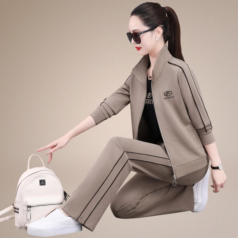 品牌运动套装女春秋2025新款立领开衫卫衣宽松跑步服休闲三件套潮