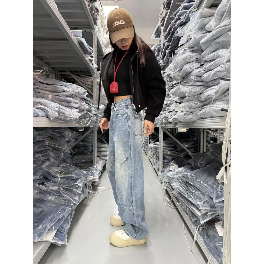 EZ2211 【早春新款】中高腰美式显瘦无弹水洗软牛仔老爹堆堆裤