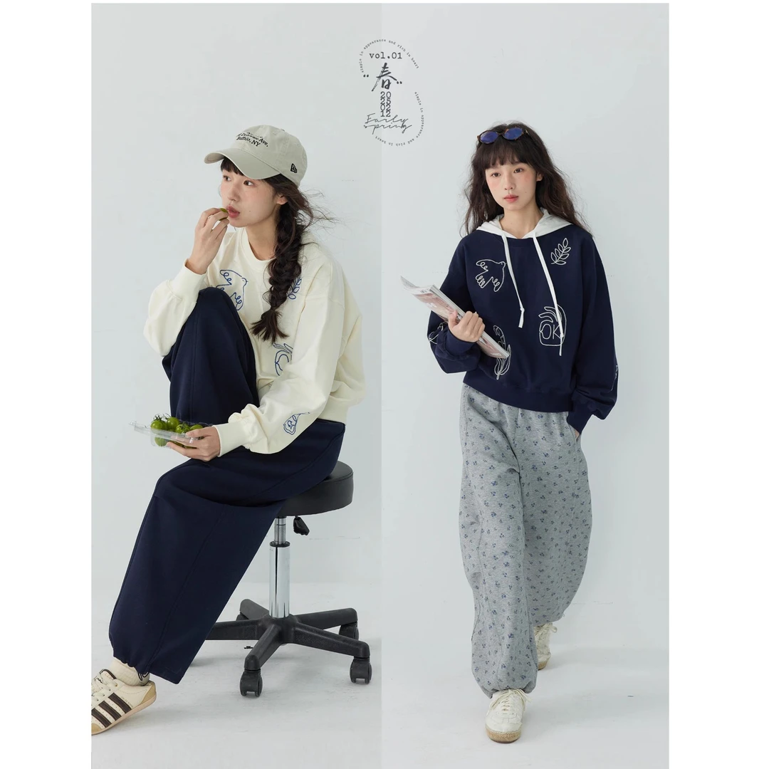 【王雪糕专属】「白描工作间」"圣米克斯"圆领绣花卫衣女短款上衣