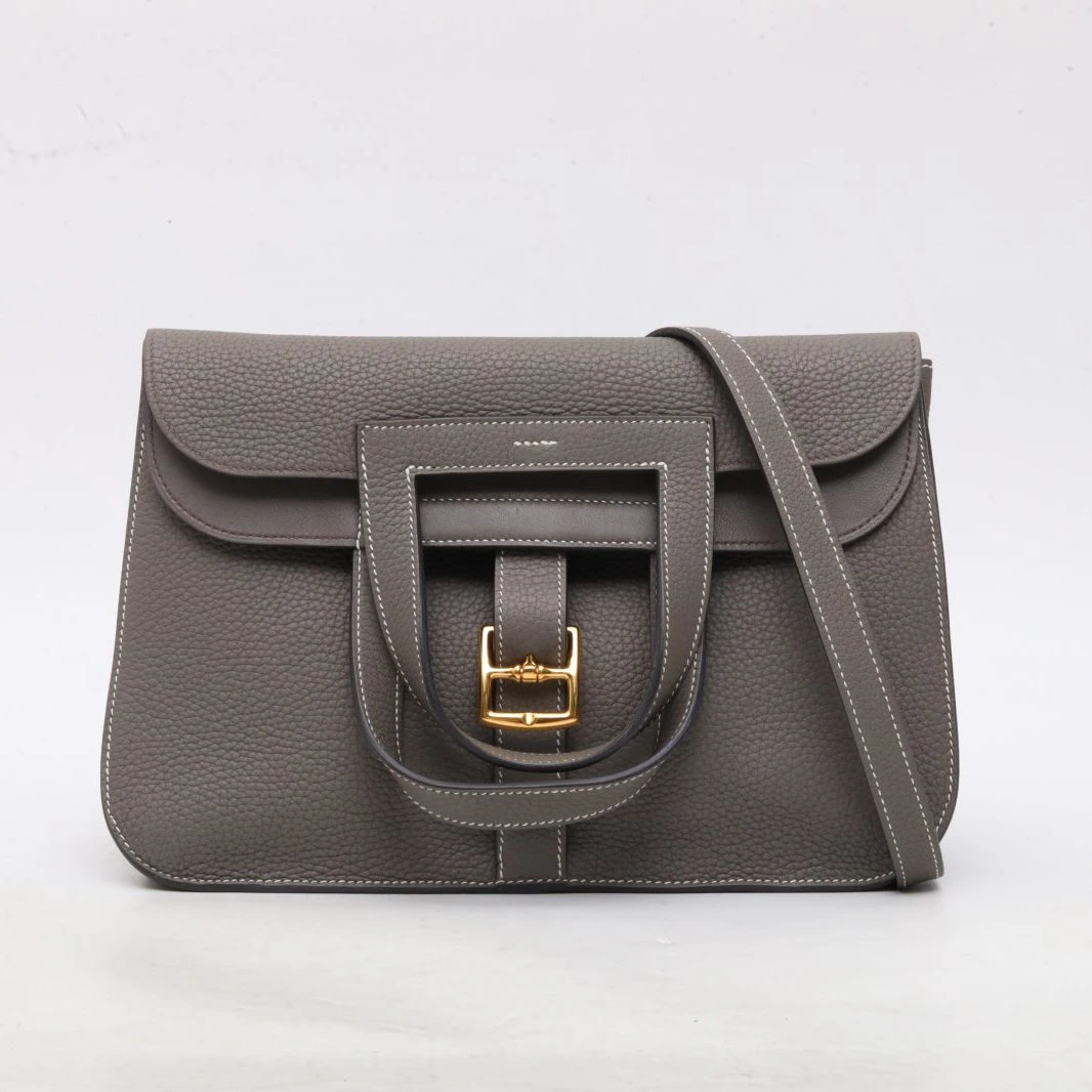 99新 Hermes/爱马仕 小花双双 halzan 31 锡器灰 TC皮 D刻 金扣包