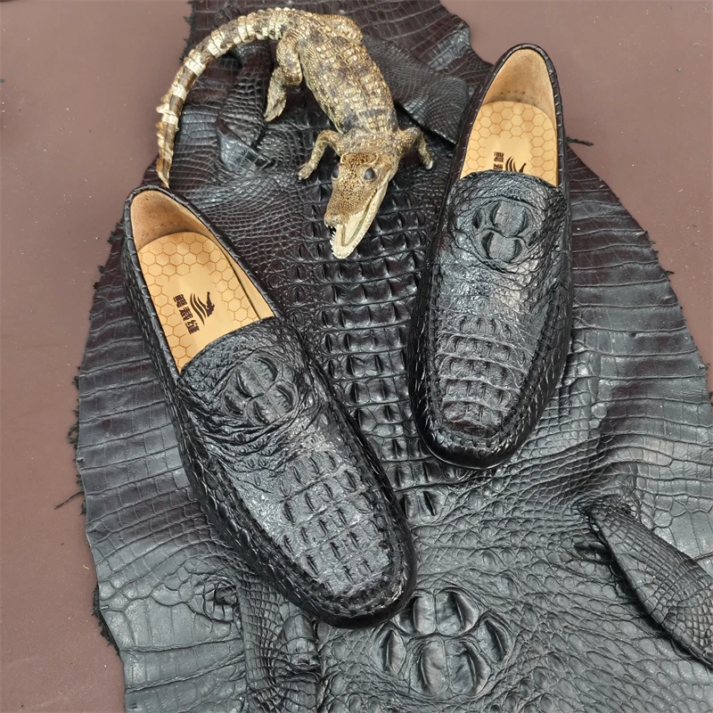 【头骨款】保真鳄鱼皮豆豆鞋皮鞋经典黑色百搭男士休闲鞋商务男潮流