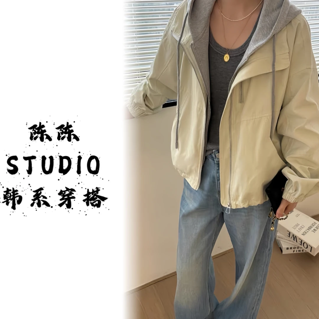 2025春季新款韩系连帽拼接宽松拉链假两件休闲短款风衣外套