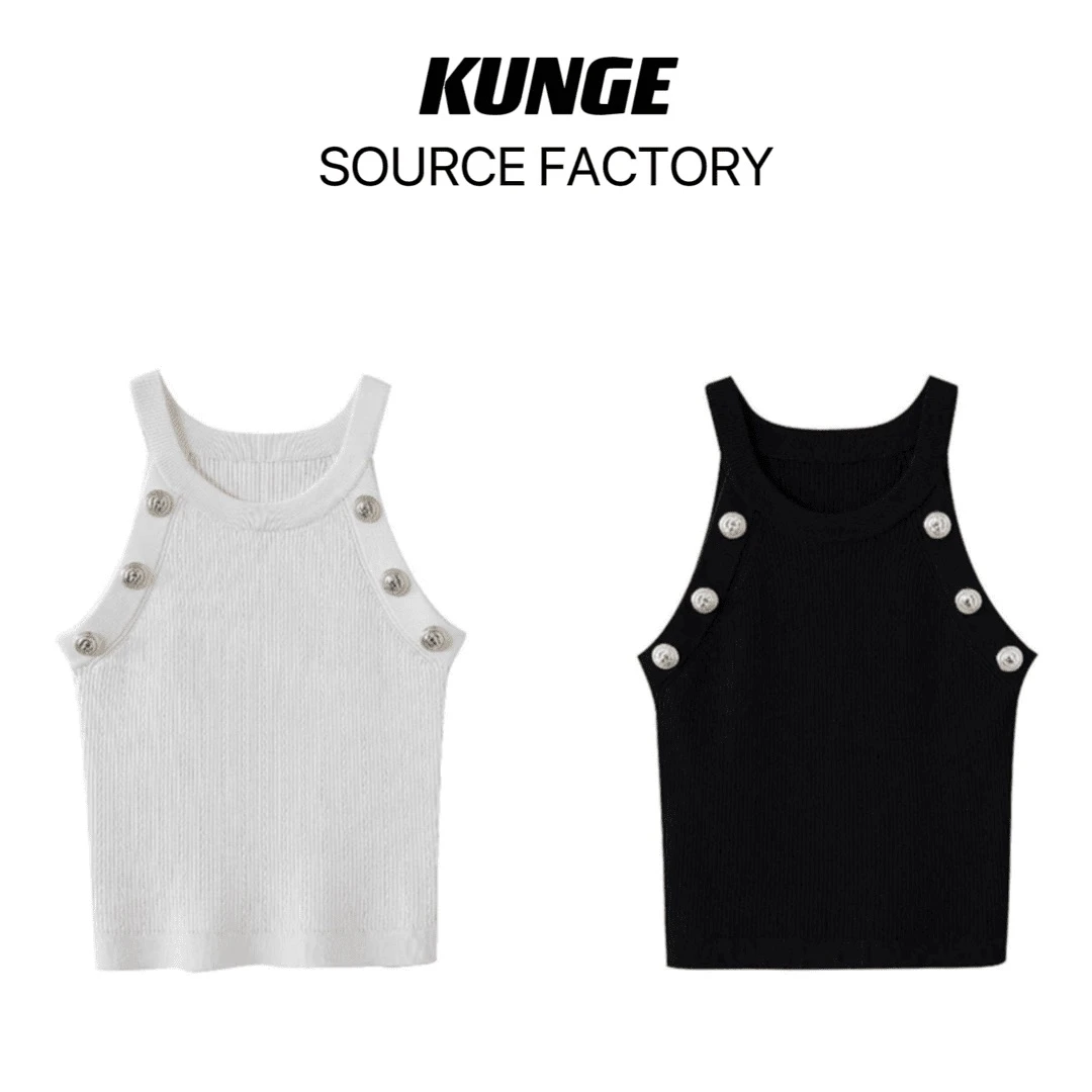 KUNGE-黑白两色六扣短款修身针织女士款式背心-9108