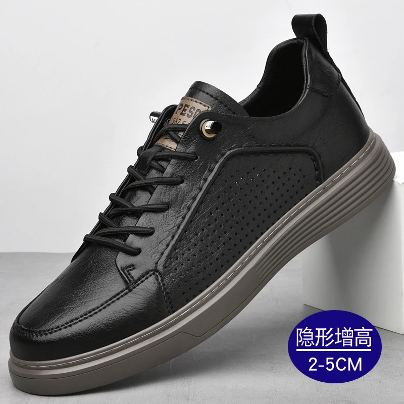 路易圣戈希夏季男镂空休闲板鞋潮搭舒适皮面小黑鞋商务男